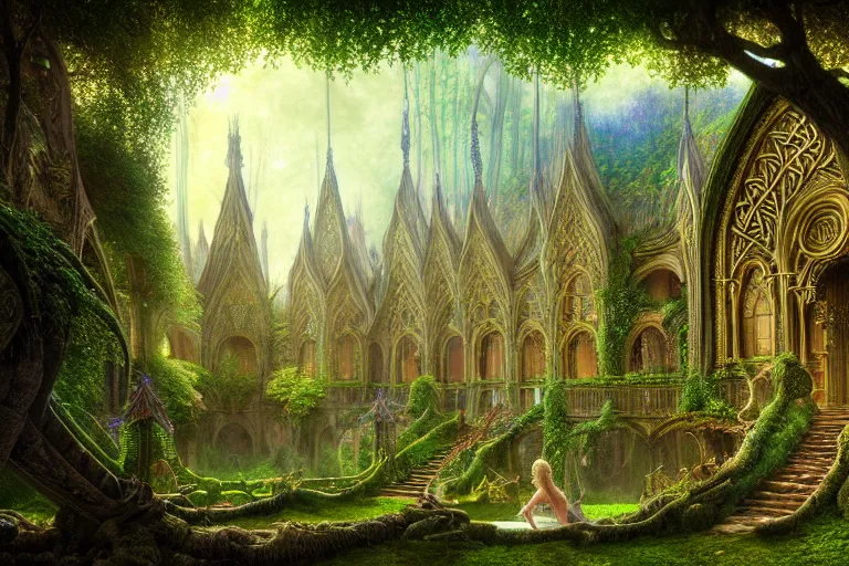 Prompt: a beautiful and highly detailed digital painting of an elven palace in a beautiful mystical forest, faerie realm, psychedelic patterns, celtic designs, intricate details, epic scale, hyperdetailed, artstation, cgsociety, 8 k, sharp focus, by caspar friedrich, albert bierstadt, james gurney, brian froud,