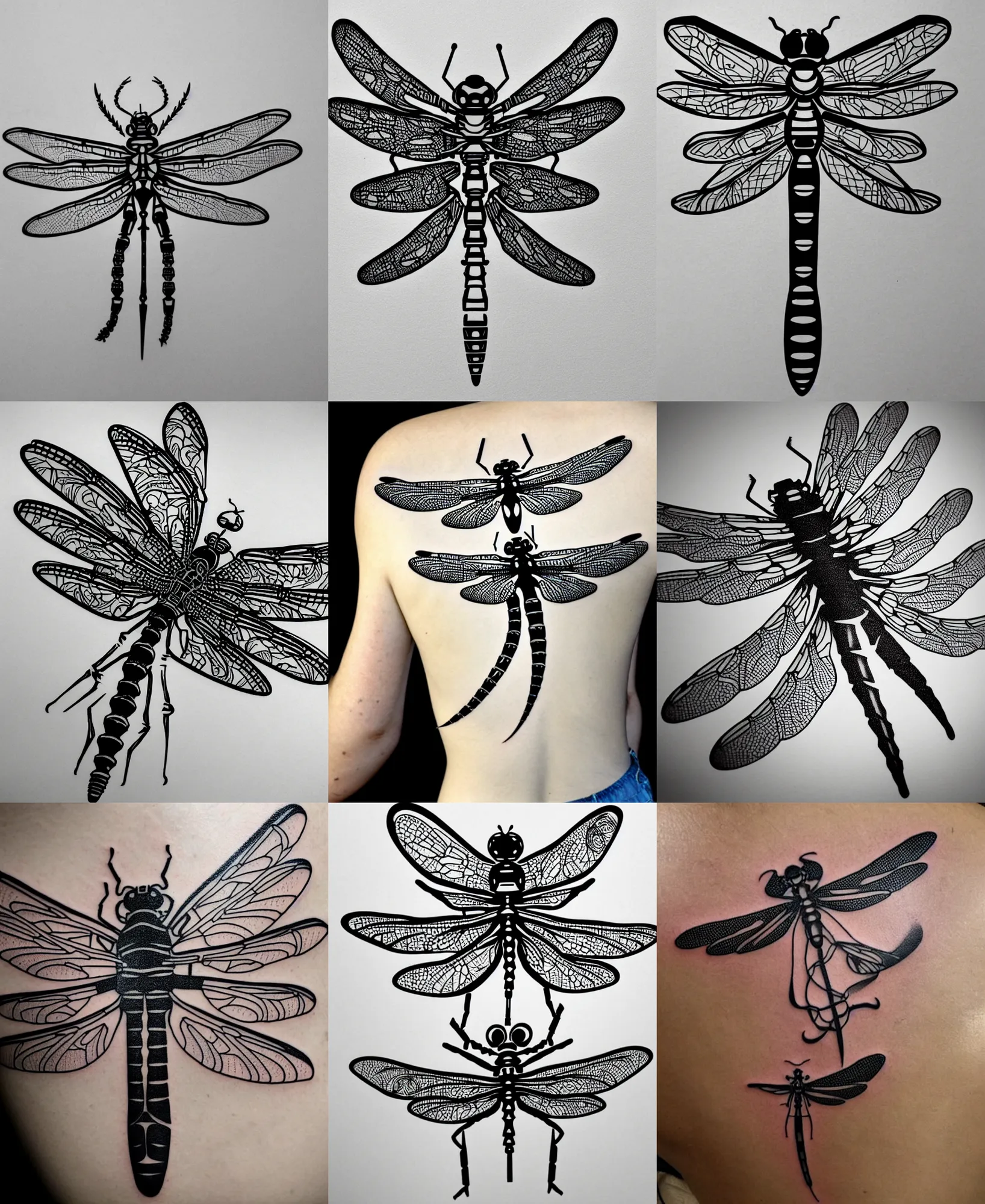 Prompt: robotic detailed dragonfly tattoo stencil