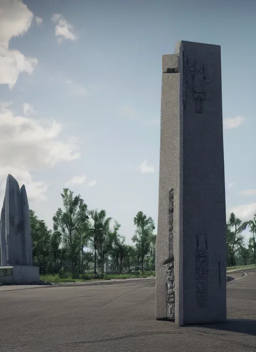 Image similar to highly detailed realistic architecture 3 d render of a futurisctic stele monument in frank gahry style standing near a highway, archdaily, made in unreal engine 4 octane render