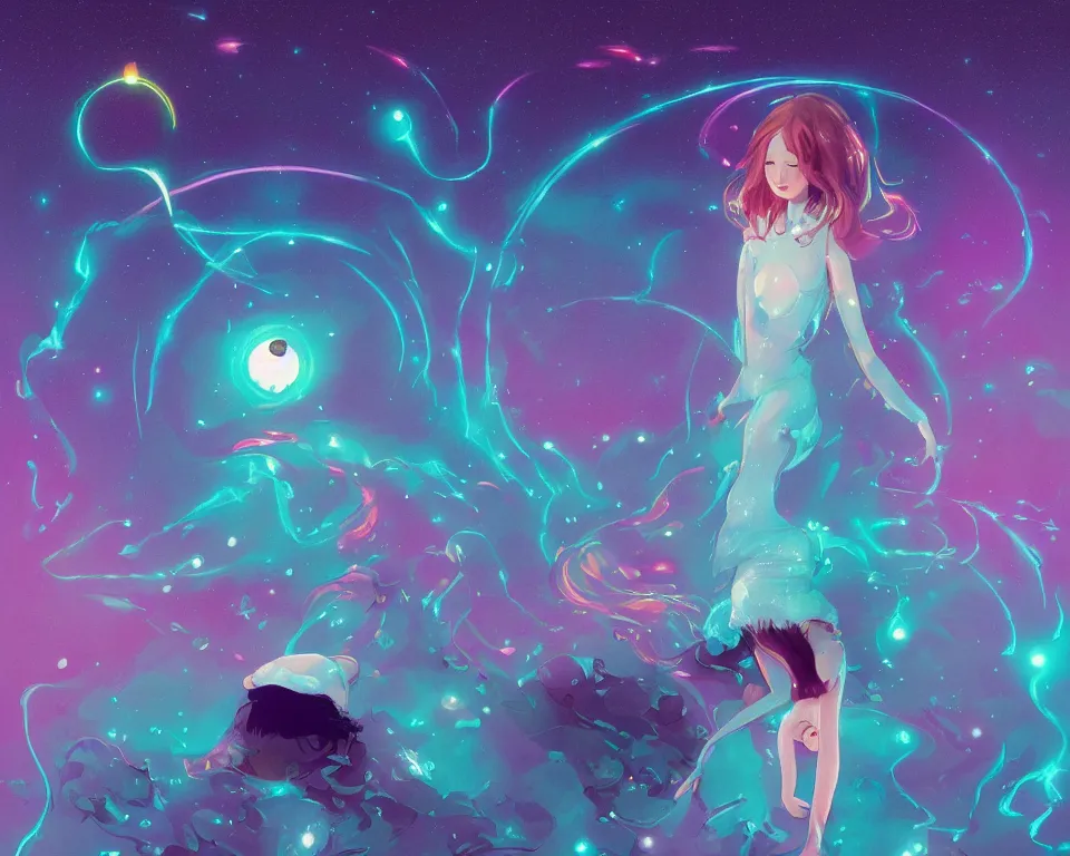 Image similar to beautiful whimsical cat girl standing in a lake in the moonlight, using magic, under a multi-colored binary blackhole with an accretion disc, glowing trails following her arms, wearing professional makeup, acidwave, by Lois van Baarle, by Greg Rutkowski, by artgerm, by beeple, by studio ghibli, cinematic angle, volumetric lighting, 4k resolution, octane render, trending on artstation, masterpiece