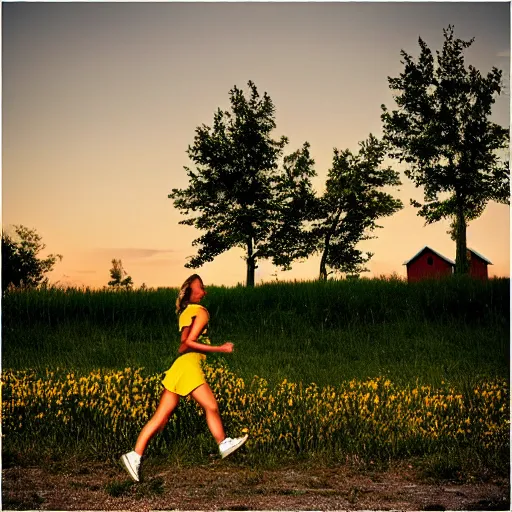 Image similar to “a woman runs sideways to the center of the frame in a yellow sundress at night, full height, in the background a slavic barn and bushes with trees”