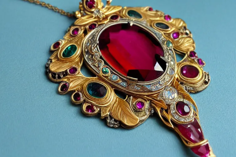 Image similar to highly detailed oil painting, front view, very realistic gemstones, art nouveau, ornate, delicate, brilliant ruby necklace, necklace on display, dramatic light,