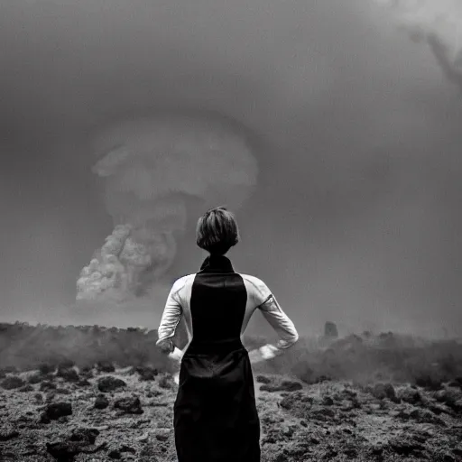 Prompt: a woman with white suit, she wear red eyed gasmask, in volcano, standing close to volcano, fire raining, professional photography, black and white, cinematic, eerie