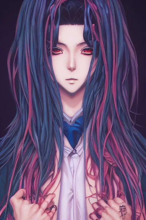 Image similar to portrait of an anime manga guy with hair order snakes, straight on, by artgerm, james jean, tom bagshaw, gerald brom, vaporwave colors, lofi colors, vaporwave, lofi, goth vibe, 4 k, smooth, hd, substance designer render, full body character concept art, symmetrical, 2 point lighting,