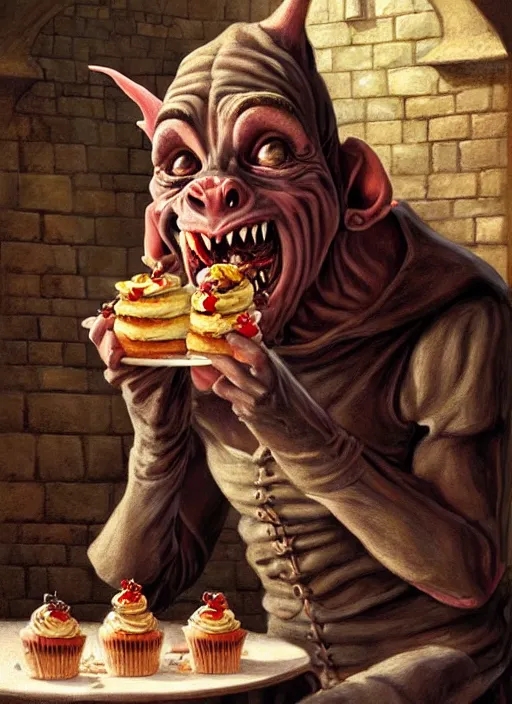 Image similar to portrait of a medieval goblin eating cakes in the cloisters, beautiful face, hyper realistic, highly detailed digital painting by earl norem, artstation illustration co