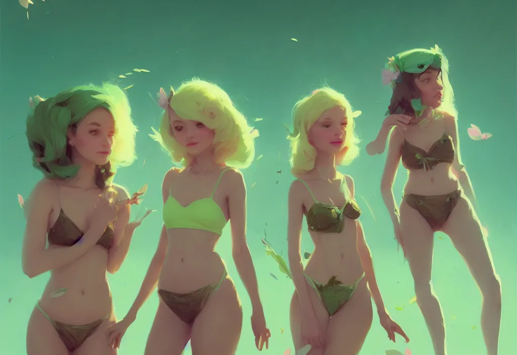 Image similar to portrait of two cute fairies in flower bikinis with joe biden, fantasy, by atey ghailan, by greg rutkowski, by greg tocchini, by james gilleard, by joe gb fenton, dynamic lighting, gradient light green, brown, blonde cream, salad and white color in scheme, grunge aesthetic