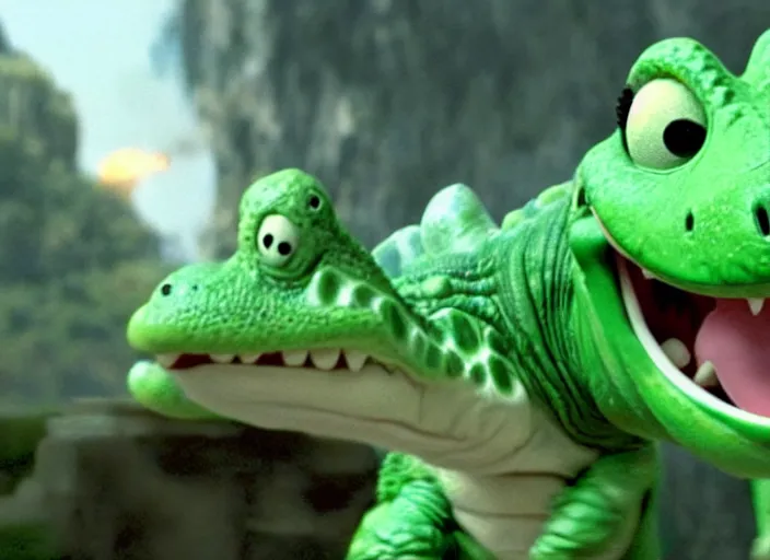 Image similar to film still of yoshi in the new sci - fi movie, cute upright dinosaur with a small turtle shell and long tongue, 8 k