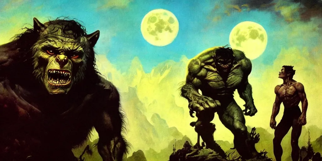 Prompt: by frazetta , panoramic close up of realistic oversized werewolf with frankenstein and mummy, epic pose , full body backlight ,top light ,full body portrait ,highly textured oil painting ,jungle ,cyan graveyard with backlight from the moon ,foggy background ,with dramatic sky ,clouds and giant oversized moon and storm