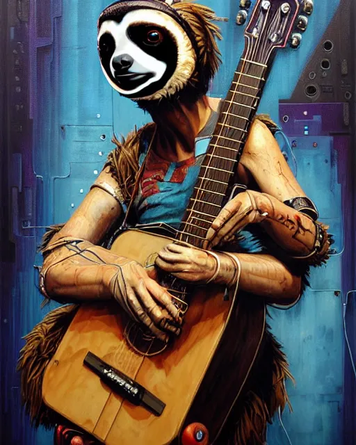 Prompt: a portrait of an anthropomorphic cyberpunk sloth strumming an acoustic guitar by sandra chevrier, by jon foster, detailed render, tape deck, epic composition, cybernetics, 4 k realistic, cryengine, realistic shaded lighting, sharp focus, masterpiece, by enki bilal