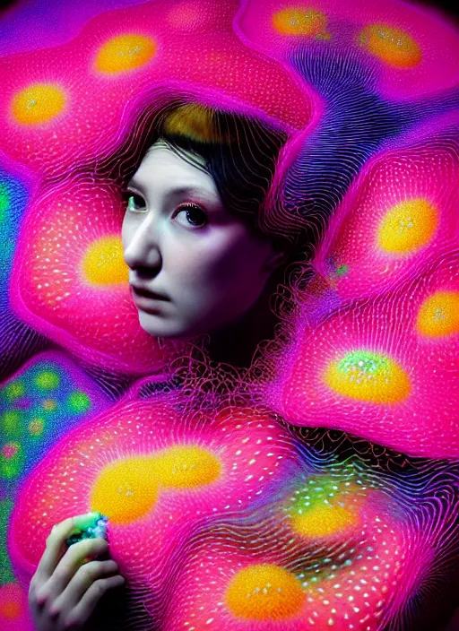 Image similar to hyper detailed 3d render like a Oil painting - kawaii portrait Aurora (Singer) seen Eating of the Strangling network of yellowcake aerochrome and milky Fruit and Her delicate Hands hold of gossamer polyp blossoms bring iridescent fungal flowers whose spores black the foolish stars by Jacek Yerka, Mariusz Lewandowski, Houdini algorithmic generative render, Abstract brush strokes, Masterpiece, Edward Hopper and James Gilleard, Zdzislaw Beksinski, Mark Ryden, Wolfgang Lettl, hints of Yayoi Kasuma, octane render, 8k