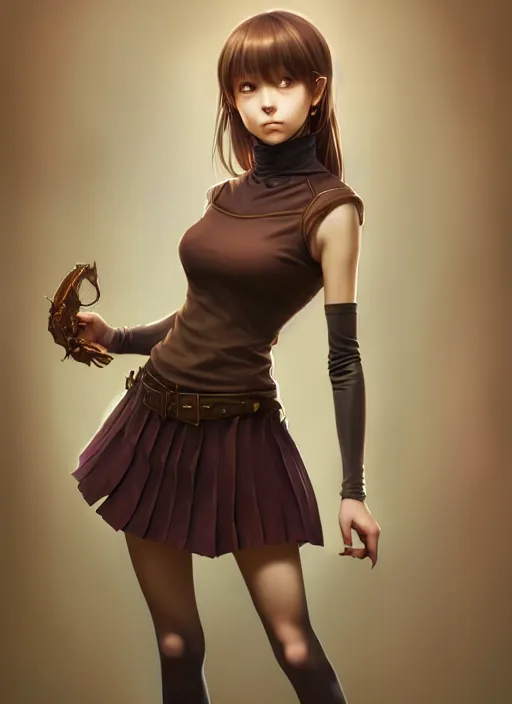 Image similar to portrait of a full body of beautiful young female detective, d & d, sleeveless turtleneck, pleated skirt, fantasy, flat lighting, intricate, highly detailed, digital painting, artstation, concept art, smooth, sharp focus, illustration, misa amane, art by simon bisley and greg rutkowski and alphonse mucha, natural tpose