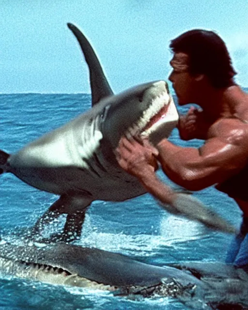 Image similar to film still close up shot of dwayne johnson wrestling with a shark in the movie jaws. photographic, photography