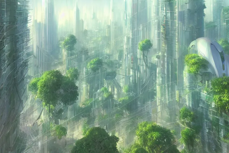 Prompt: futuristic city, lush vegetation, humid, early evening, diagonal view, geometric buildings, cloudy, beautiful, dull pastel colors, realistic, foggy, dreamy, nostalgic, bright, trending on artstation by yoshitaka amano and makoto shinkai, studio ghibli style