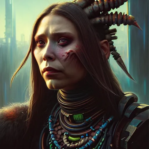 Image similar to portrait painting of a cyberpunk orc shaman extremely muscular ugly elizabeth olsen, ultra realistic, concept art, intricate details, eerie, highly detailed, photorealistic, octane render, 8 k, unreal engine. art by artgerm and greg rutkowski and charlie bowater and magali villeneuve and alphonse mucha