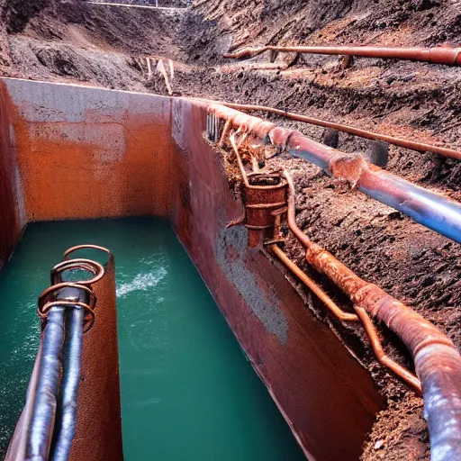 Image similar to underground copper mine, flooded, dirty water, rusty pipes