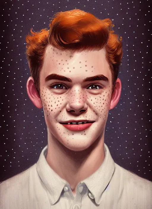 Image similar to portrait of teenage archie andrews, freckles, curly middle part haircut, curly hair, smiling kindly, friendly, 1 9 5 0 s, intricate, elegant, glowing lights, highly detailed, digital painting, artstation, concept art, smooth, sharp focus, illustration, art by wlop, mars ravelo and greg rutkowski