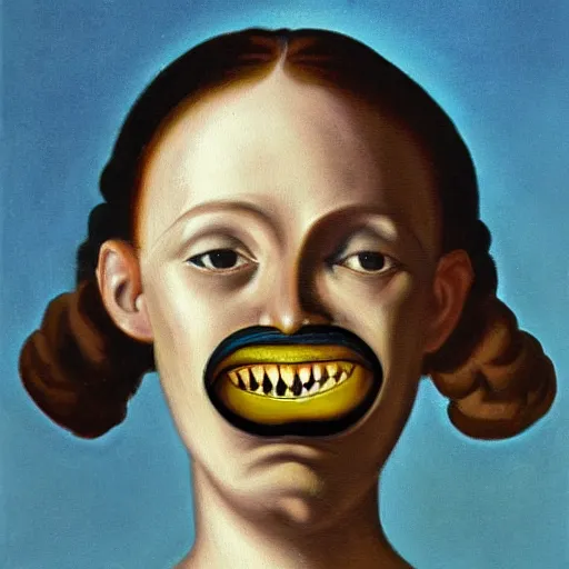 Image similar to A surrealist painting of a woman's head with a birdcage for a mouth