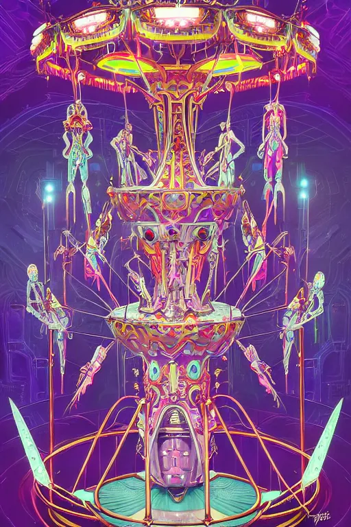 Image similar to ethereal cybernetic empress tsarina wearing futuristic sentient alien carousel crown in the fantasy amusement carnival, extremely detailed, sharp focus, wide view, full body shot, smooth, digital illustration, by dan mumford. james jean, by rossdraws, frank franzzeta, sakimichan