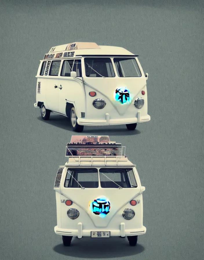 Image similar to front view vw camper touring rural japan, a collage painting, in the style of wes anderson, lola dupre, david hockney, isolated on negative white space background dark monochrome fluorescent spraypaint accents volumetric octane render, not double decker