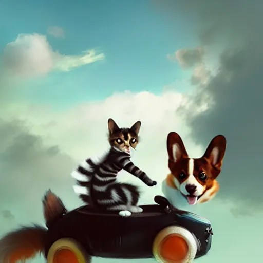 Image similar to tiny cat girl riding on the back of a giant corgi by greg rutkowski