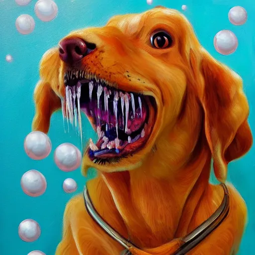 Image similar to high detail oil painting of a rabid dog, foaming with happy face bubbles, trending on artstation