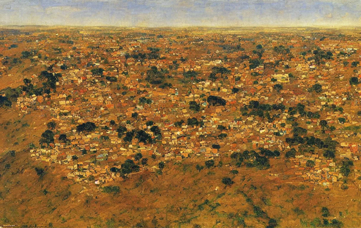 Prompt: walled town of abeokuta in nigeria from above, surrounded by a tall 18mile long wall, 1885, bright colors oil on canvas, by Ilya Repin