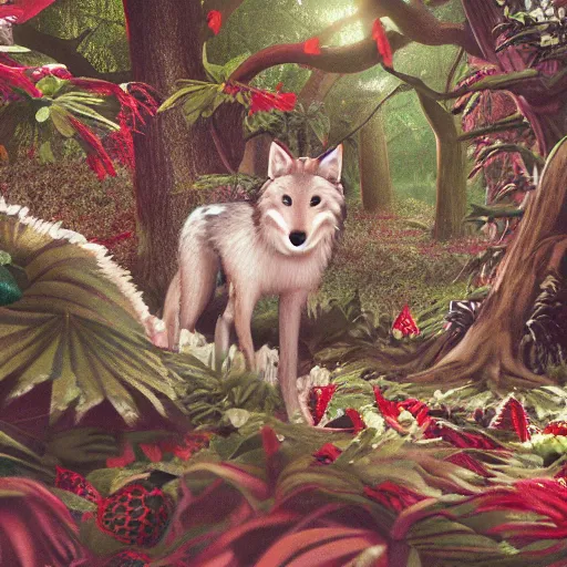 Image similar to a strawberry wolf roaming through the woods of a chocolate tree forest, photorealistic, cinematic