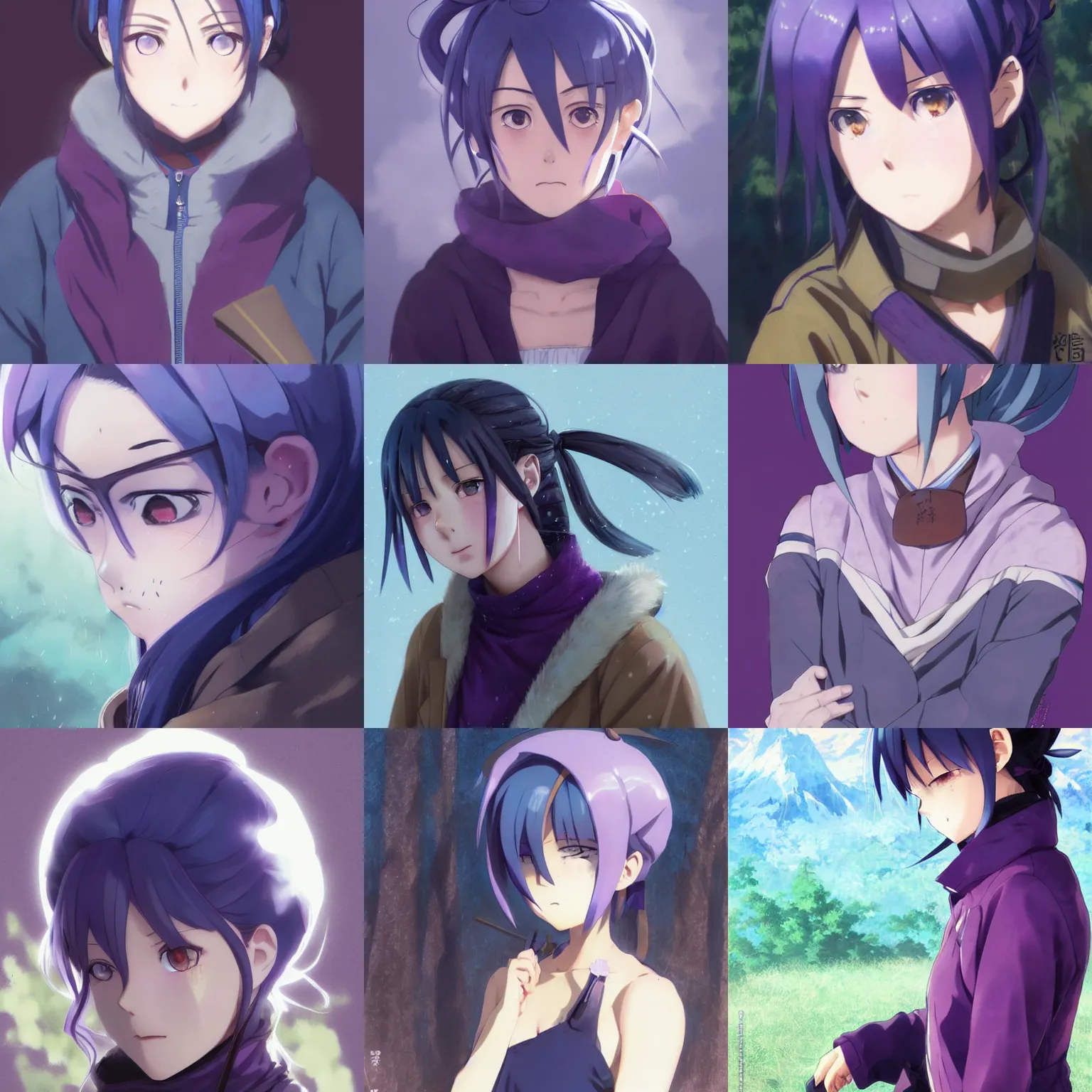 Prompt: anime shima rin shimarin yuru camp dark - blue hair tied in a high bun purple violet eyes portrait by greg rutkowski