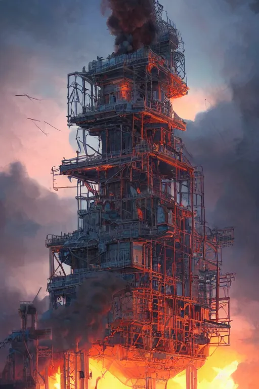 Prompt: a highly detailed matte painting of a soviet steampunk oil rig on fire at night by studio ghibli, makoto shinkai, by artgerm, by wlop, by greg rutkowski, volumetric lighting, octane render, 4 k resolution, trending on artstation, masterpiece