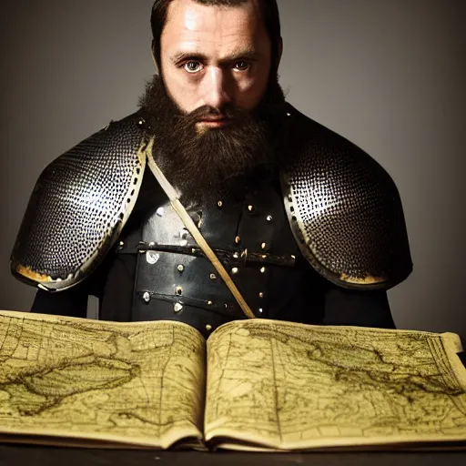 Image similar to Closeup of frustrated and acerbic male medieval sergeant with a {short} beard wearing a {black!!!! and yellow tabard} over a steel breastplate and a black gambeson looking up from a map on a table, intricate, dramatic lighting illustration by Greg Rutkowski, {perfect face}, {perfect eyes}, fantasy