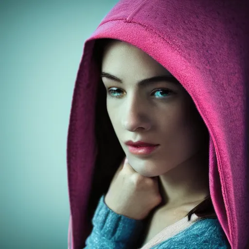 Image similar to highly detailed digital romantic painted portrait of a beautiful woman wearing a hoodie. moody and melanchony. sharp lighting. has a bit of cyan and pink.