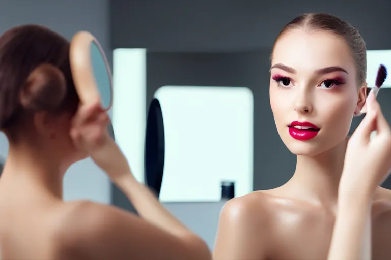 Prompt: beautiful female android, putting on makeup in front of a mirror, bathroom environment