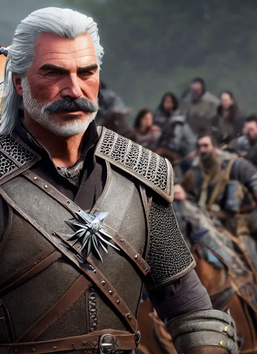 Prompt: film still of tom selleck as geralt of rivia in the witcher 3, gameplay, 8 k, hd