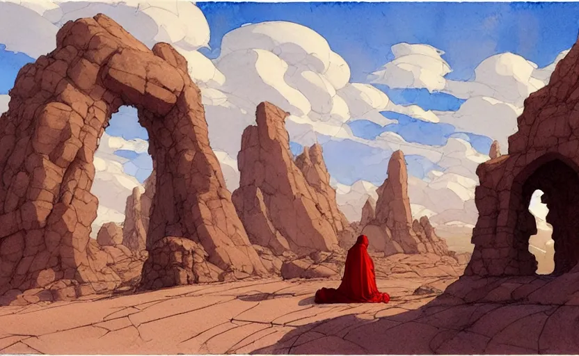 Prompt: a hyperrealist watercolour concept art of a large rock formation with a dimensional portal in the sky. a medieval monk in grey robes is kneeling in prayer below it on a desert road. by rebecca guay, michael kaluta, charles vess and jean moebius giraud. high detail, hq, wide shot