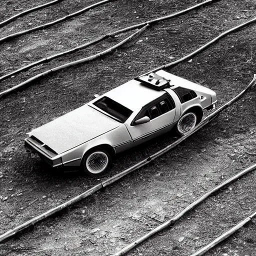 Prompt: a birds - eye view monochromatic sepia photograph of a delorean in a line of covered wagons and cattle,