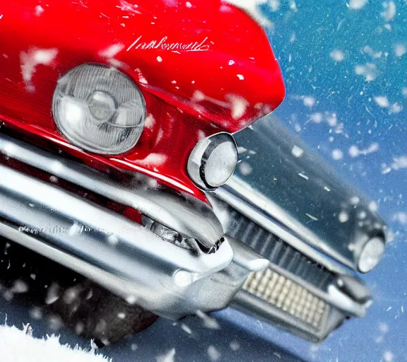 Prompt: a miniature 1959 Cadillac car in the snow, macro shot. Digital illustration, very vibrant colors, soft lighting, adventurous, atmospheric lighting, 8K, octane render. By Makoto Shinkai, Stanley Artgerm Lau, WLOP, Rossdraws, James Jean, Andrei Riabovitchev, Marc Simonetti, krenz cushart, Sakimichan, D&D trending on ArtStation, digital art.