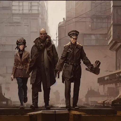 Prompt: a highly detailed epic cinematic concept art CG render digital painting artwork: Soviet dieselpunk detectives from Se7en. By Greg Rutkowski, Ilya Kuvshinov, WLOP, Stanley Artgerm Lau, Ruan Jia and Fenghua Zhong, trending on ArtStation, subtle muted cinematic colors, made in Maya, Blender and Photoshop, octane render, excellent composition, cinematic atmosphere, dynamic dramatic cinematic lighting, precise correct anatomy, aesthetic, very inspirational, arthouse