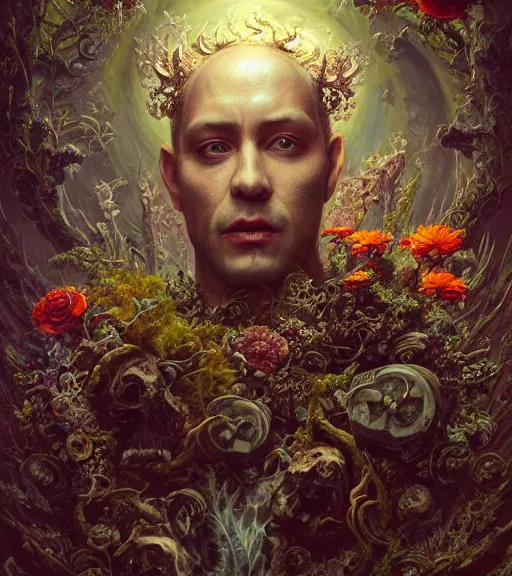 Image similar to portrait of the supreme king of the underworld, surrounded by skulls and overgrowth and dark flowers by karol bak, Tomasz Alen Kopera, James Jean, tom bagshaw, rococo, trending on artstation, cinematic lighting, hyper realism, octane render, 8k, hyper detailed.