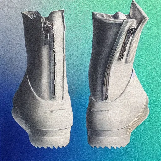 Prompt: futuristic balenciaga and vetements sneakers in the bosch style on gradient background, ultra rendered extreme realism and detail, 8 k, highly detailed, realistic, completely framed, pbr, hyper realistic, photorealistic, sharp focus,