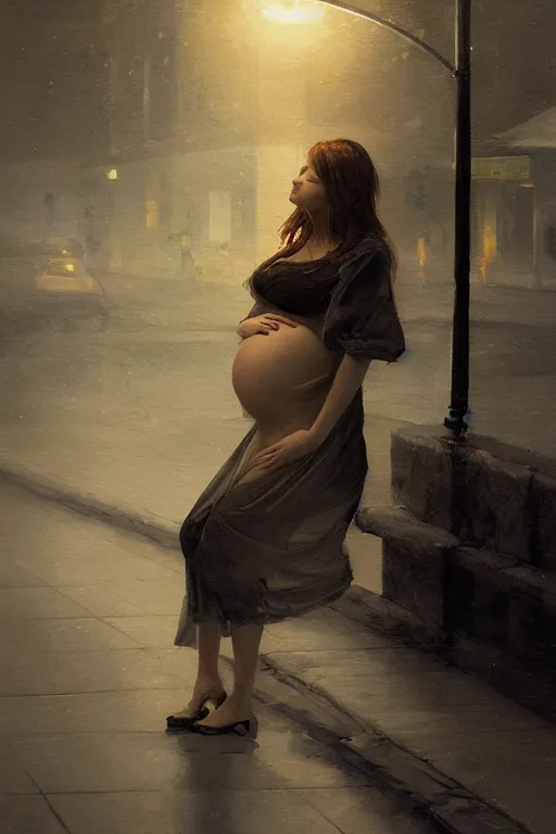 Image similar to pregnant woman under street light, highly detailed, sharp focused, ultra realistic digital concept art by Alyssa Monks, Ruan Jia, Stanley Artgerm