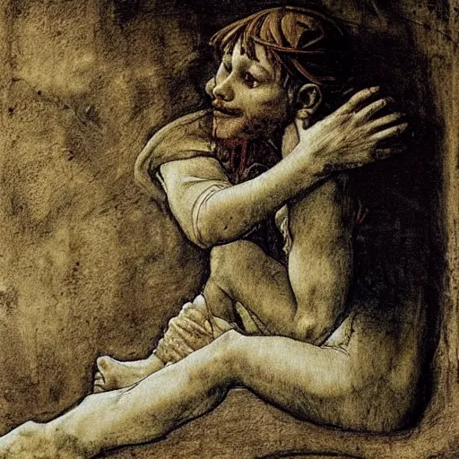 Image similar to Peter pan dying by Leonardo DaVinci,highly detailed ,smooth