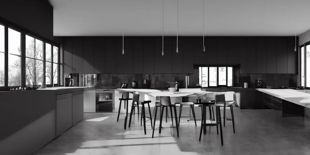 Prompt: brutalist black house kitchen interior design minimalist organic, organic architecture furniture ominous dark powerful giant open space high quality octane render blender 8 k