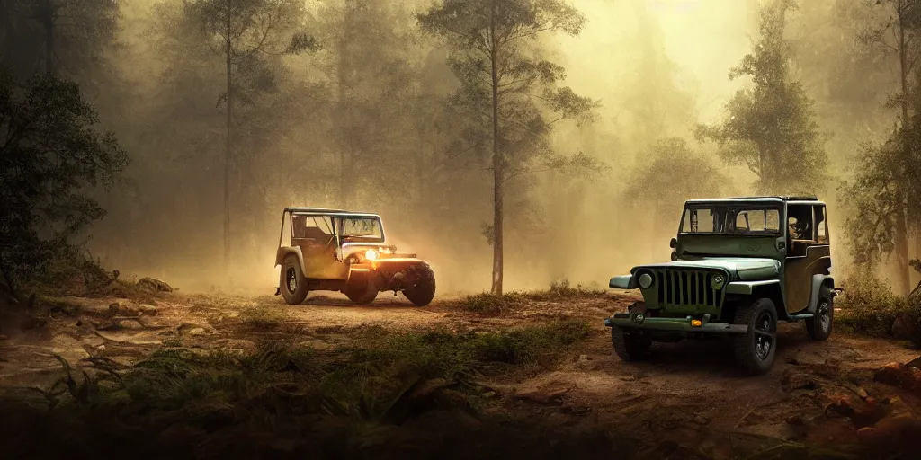 Image similar to willys jeep, in kerala forest road in 1921, chasing action scene, an epic fantasy, dramatic lighting, cinematic, establishing shot, extremely high detail, photorealistic, cinematic lighting, matte painting, artstation, by simon stalenhag, shadow of the tomb rider