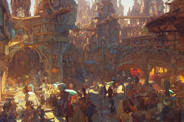 Image similar to a colorful medieval marketplace, Industrial Scifi, detailed illustration, character design, intricate, by artgerm and greg rutkowski and alphonse mucha