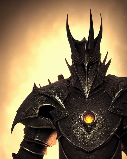 Image similar to a photorealistic 3D render portrait of sauron the dark lord wearing armor made of iron, unreal engine, octane render, cinematic lighting, a sense of evil, hard surface character concept art, dark fantasy character design, hyper realism, high detail, depth of field, stunning vfx, smooth gradients, photorealistic noldorin armor, high contrast, cgsociety