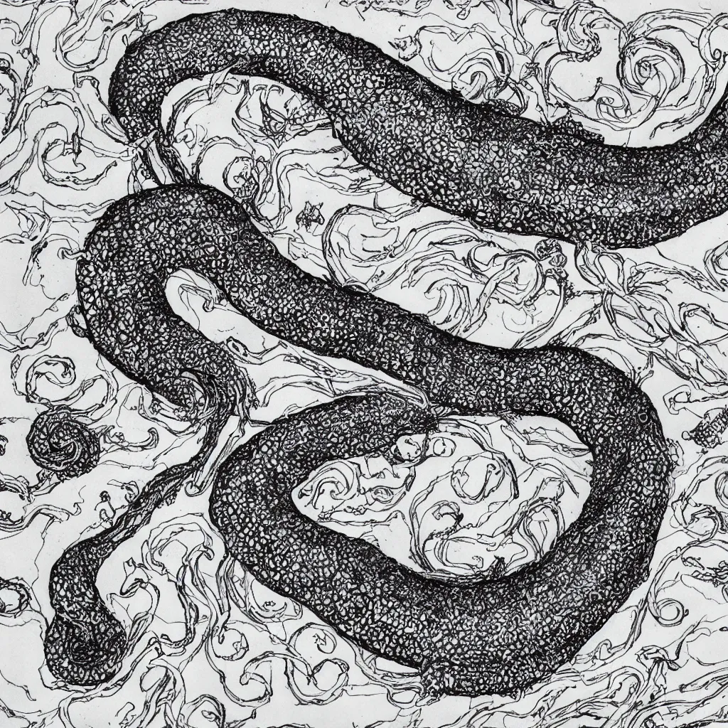 Prompt: a highly detailed ink drawing of a horrific eel