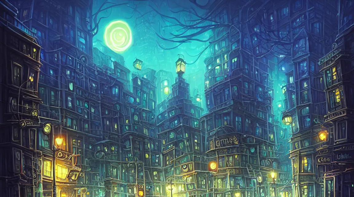 Prompt: street level view of a lovecraftian city. lovecraft. lovecraftian city at night by cyril rolando and naomi okubo and dan mumford and ricardo bofill. lovecraftian buildings. lovecraftian landscape. swirly night sky.