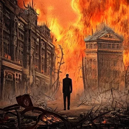 Prompt: the city is burning and fire is everywhere, palaces are collapsing just a man was standing alone crying while world is getting destroyed detailed picture