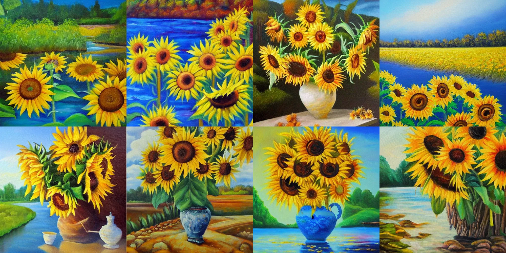 Prompt: A beautiful painting of a river and sunflowers by sang delan (oils on canvas)