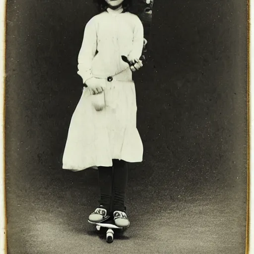 Image similar to a cute girl with curly black hair holding a skateboard, Daguerrotype